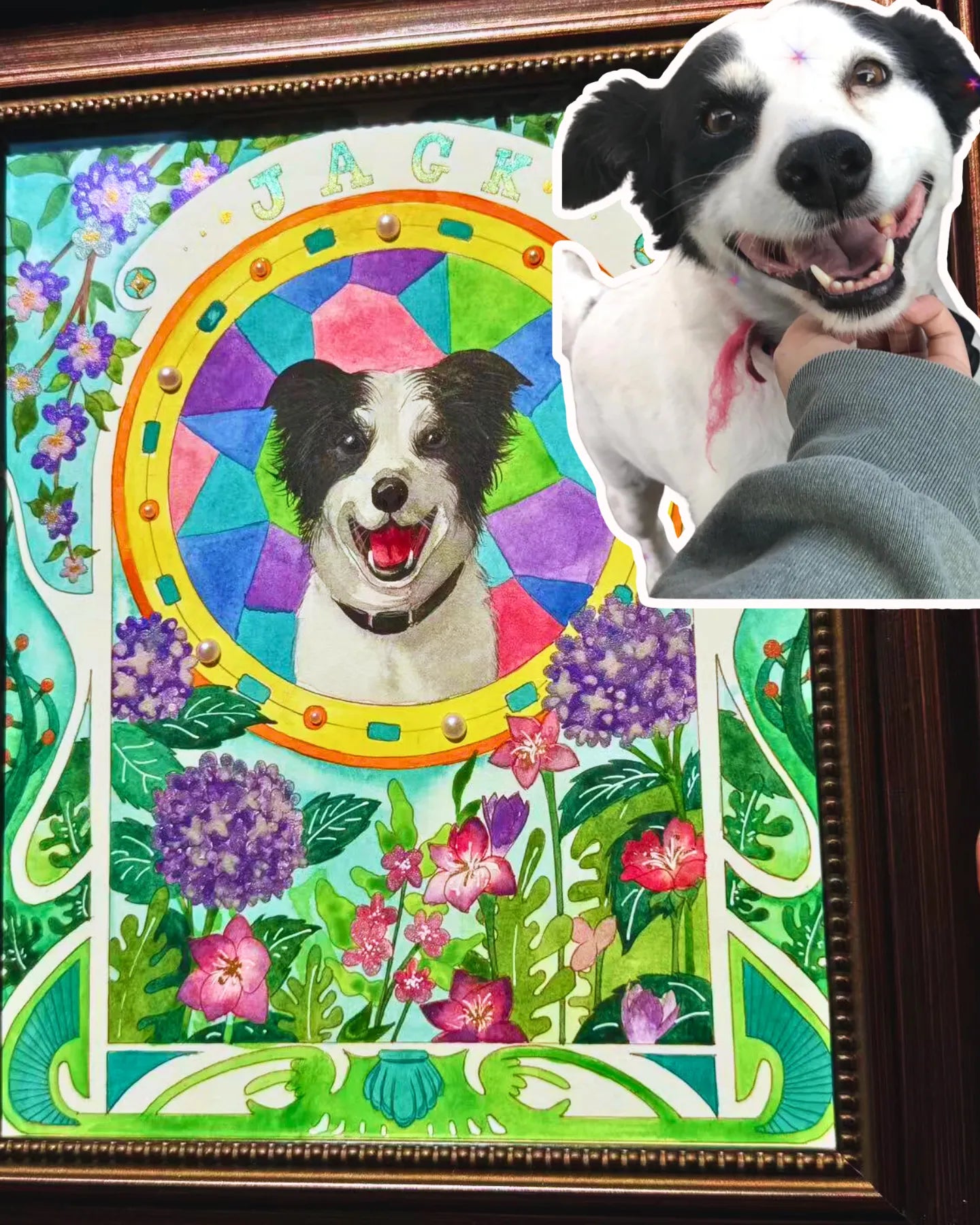 Custom Mucha-style Border Collie portraits featuring elegant floral Art Nouveau backgrounds