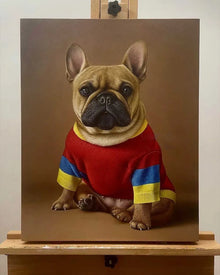 A hyper-realistic hand-painted oil portrait of a dog on premium canvas, part of the Bolapawzi Heritage Series.