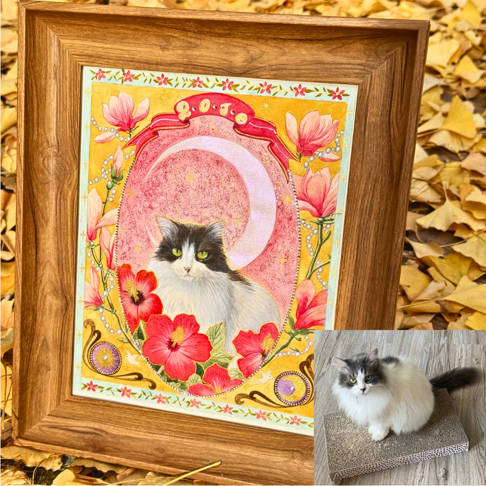 Hand-painted Art Nouveau pet portrait inspired by Alphonse Mucha, created from a cat photo
