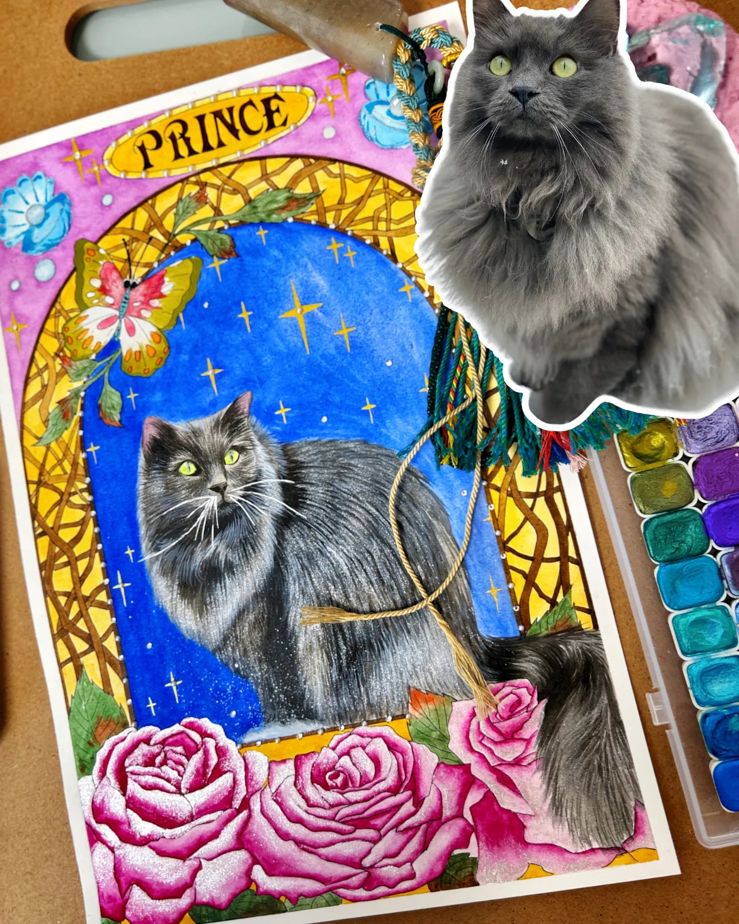 Custom Mucha style cat portrait with elegant floral Art Nouveau background