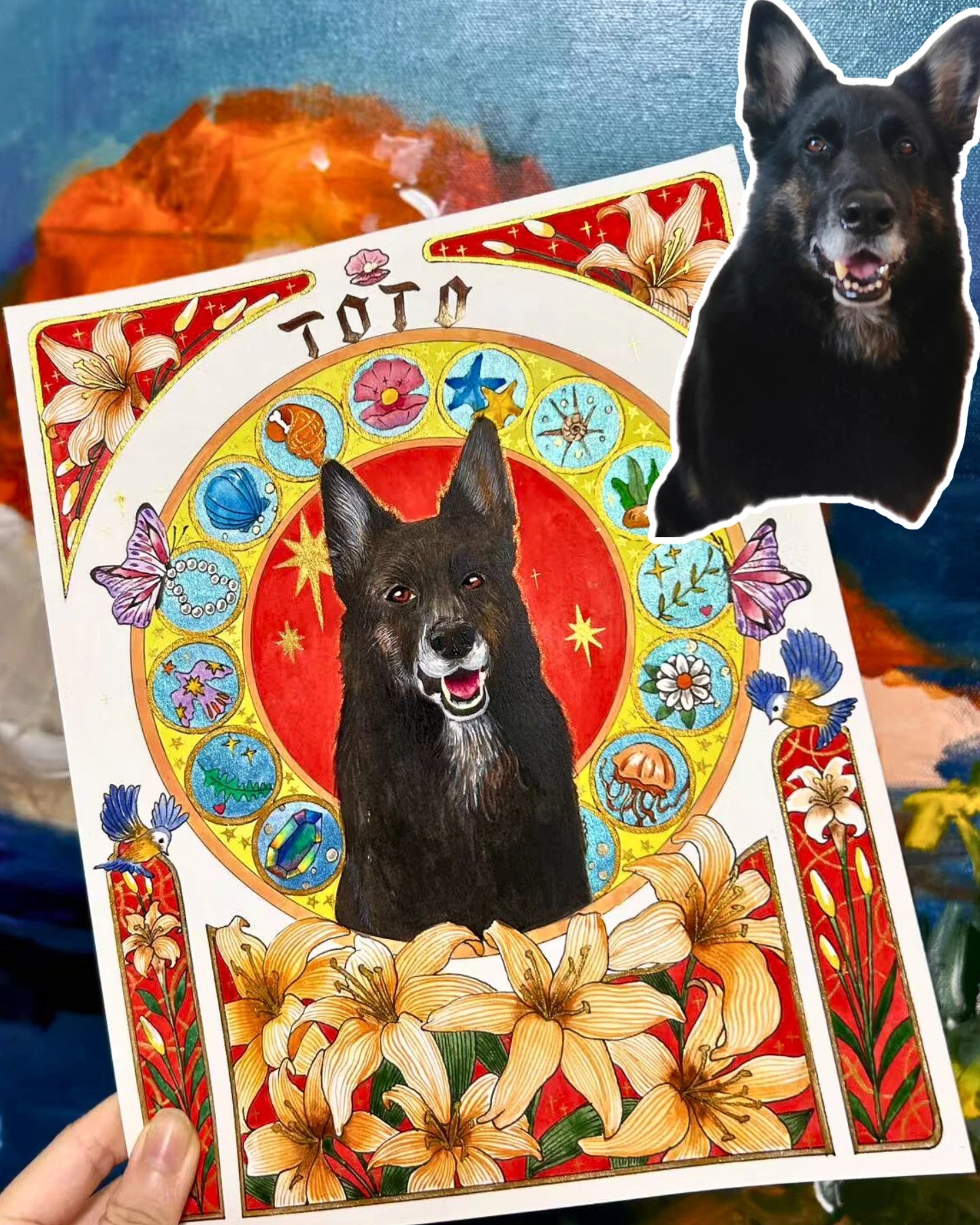 custom Art Nouveau pet portraits with ornate floral and ocean elments