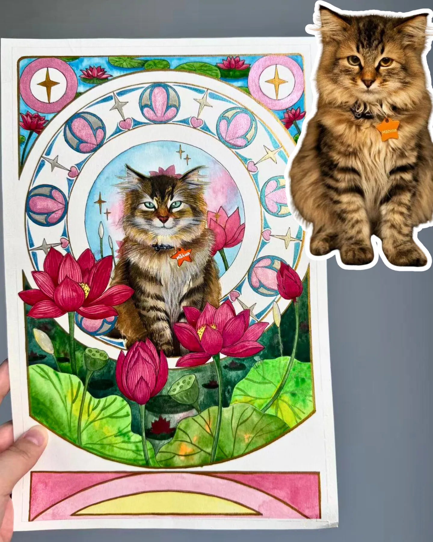 Hand-painted Art Nouveau pet portraits inspired by Alphonse Mucha
