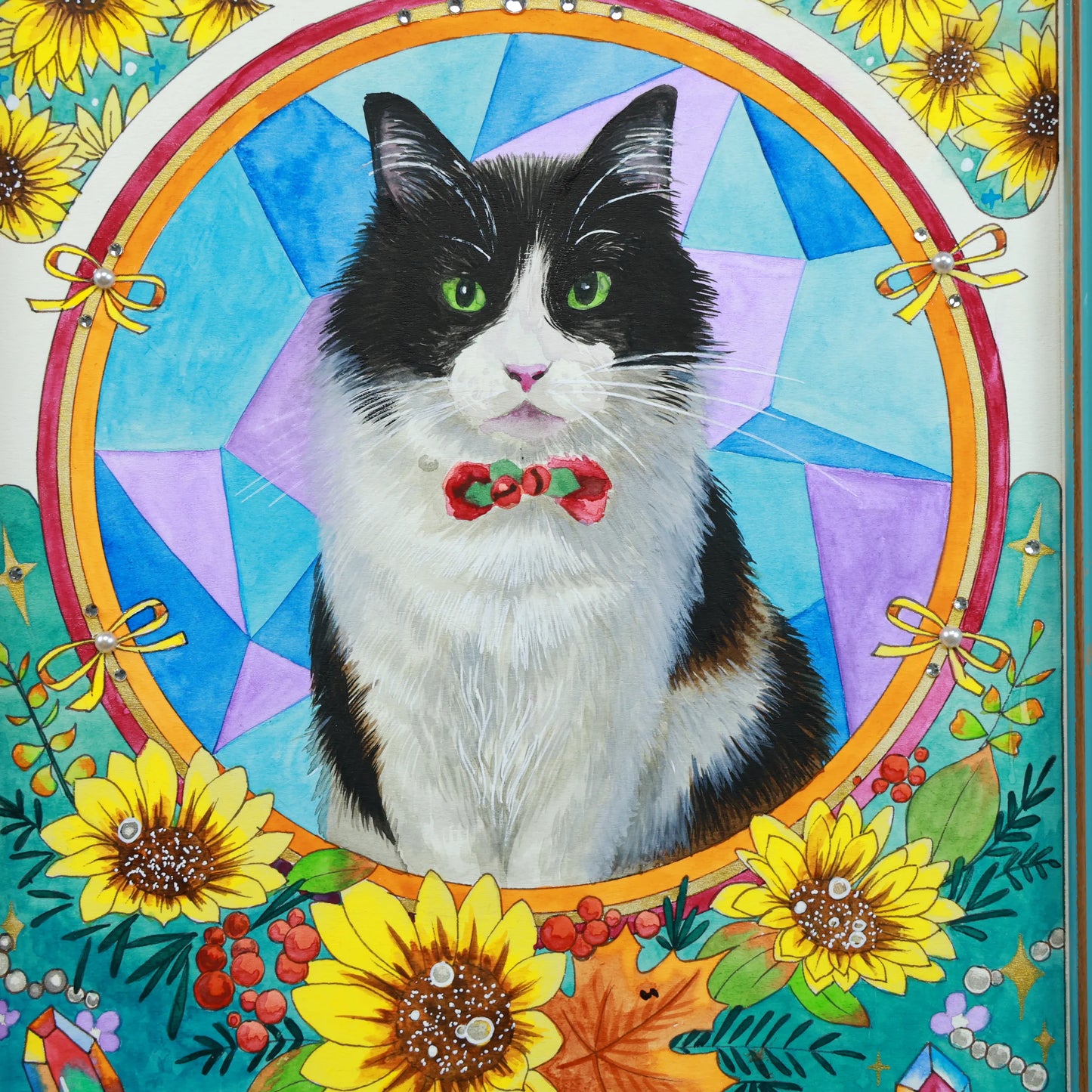 Hand-painted custom Mucha-style pet portraits featuring an Art Nouveau sunflower floral background