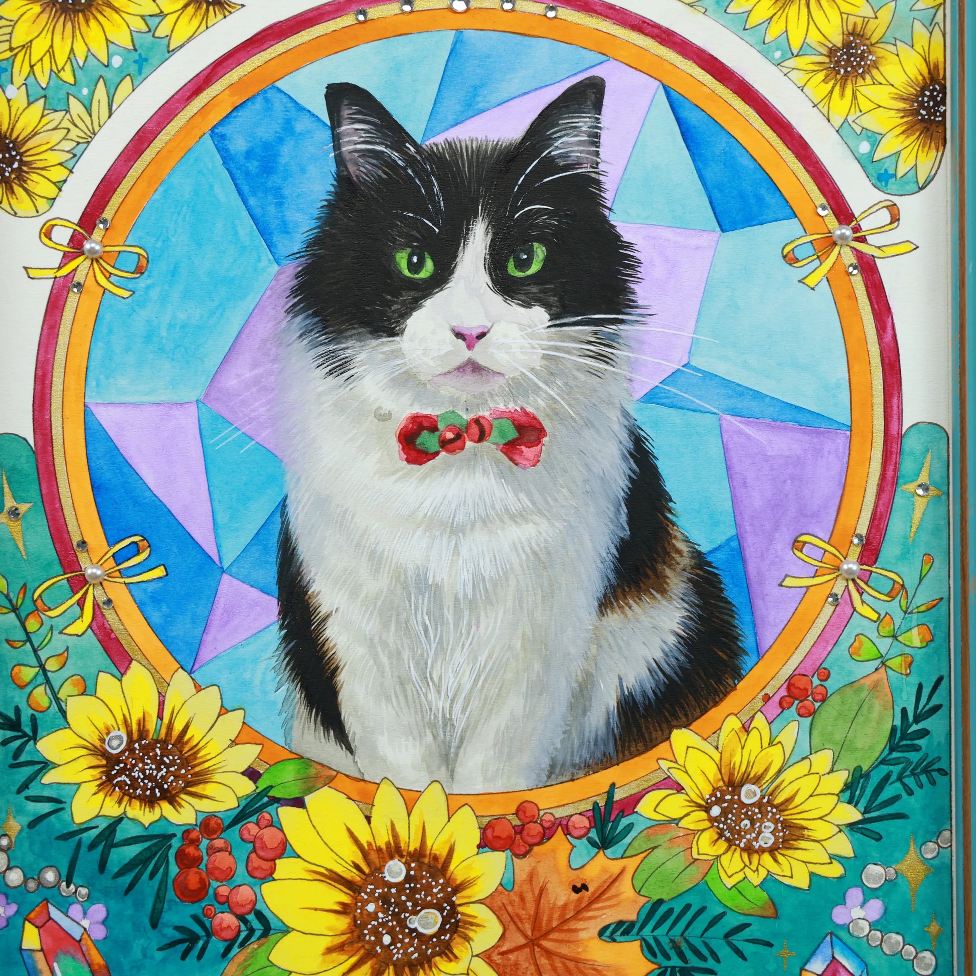 Hand-painted custom Mucha-style pet portraits featuring an Art Nouveau sunflower floral background