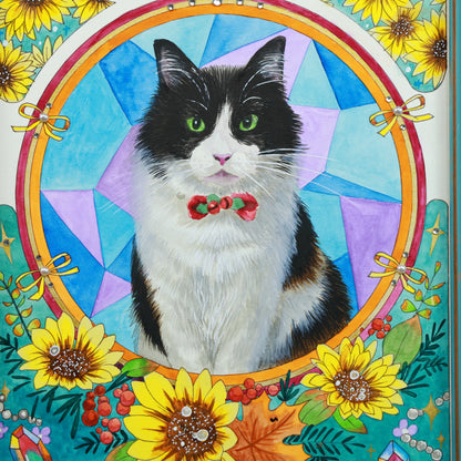 Hand-painted custom Mucha-style pet portraits featuring an Art Nouveau sunflower floral background