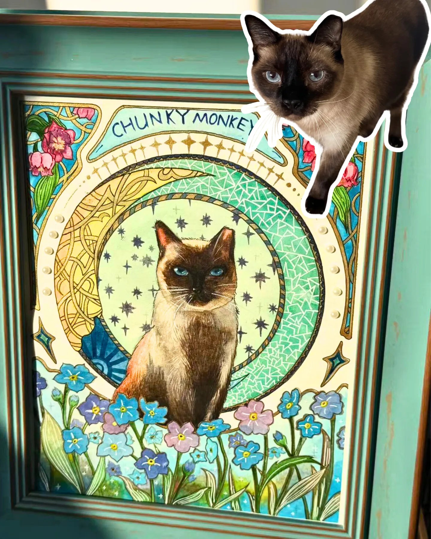 Custom Mucha-style siamese cat portraits featuring elegant floral Art Nouveau backgrounds