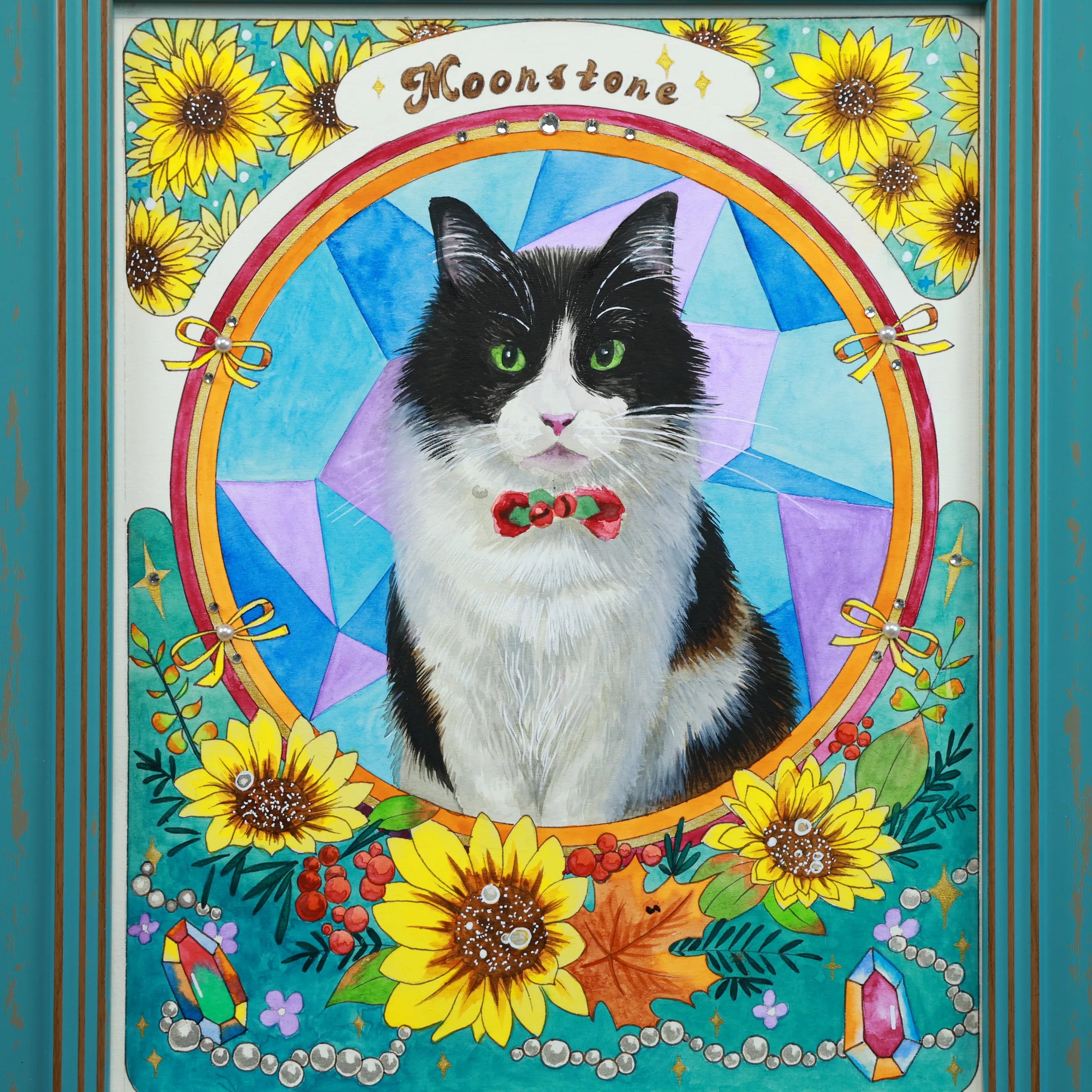 Hand-painted custom Mucha style pet portrait inspired by Art Nouveau design