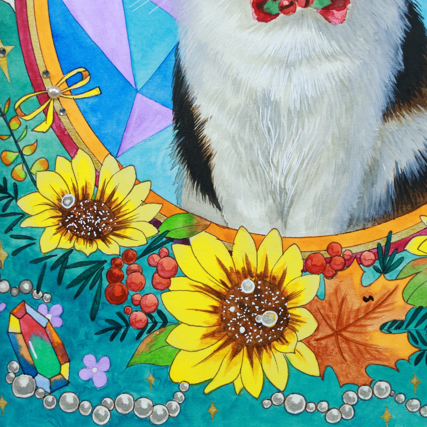 Hand-painted custom Mucha style pet portrait with floral background