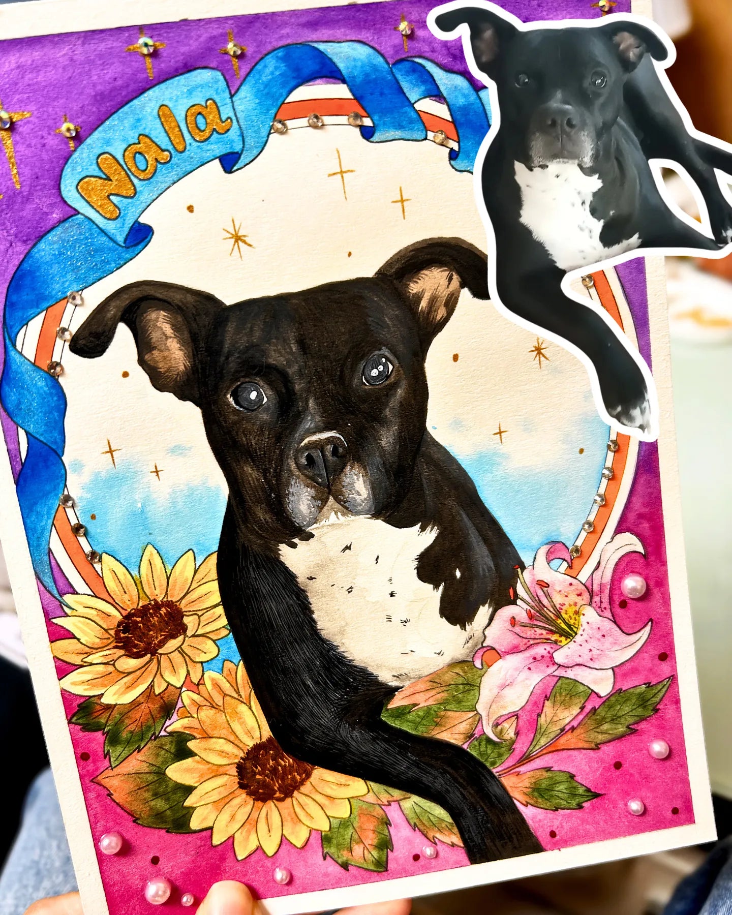 Custom Mucha style dog portrait with elegant floral Art Nouveau background