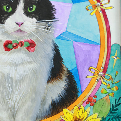 Hand-painted custom Mucha-style pet portraits adorned with Art Nouveau pearl accents